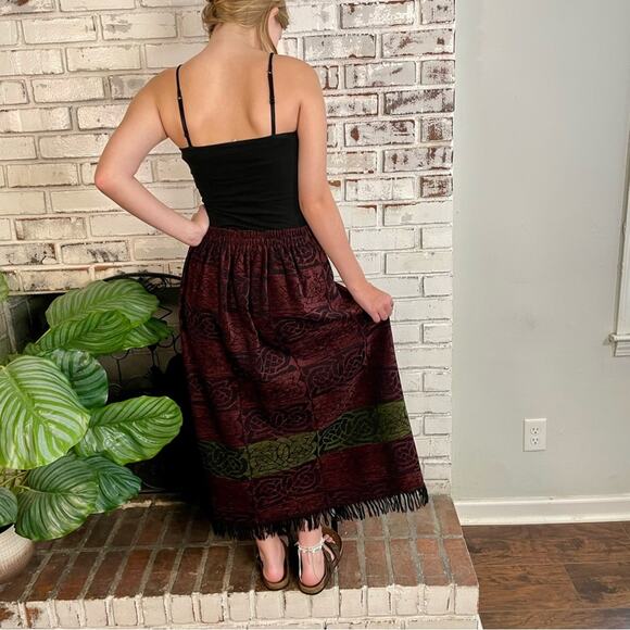 Vintage Mary Flaherty Ireland Wool Wrap Tapestry Fringe Purple Green Maxi Skirt - Picture 4 of 10